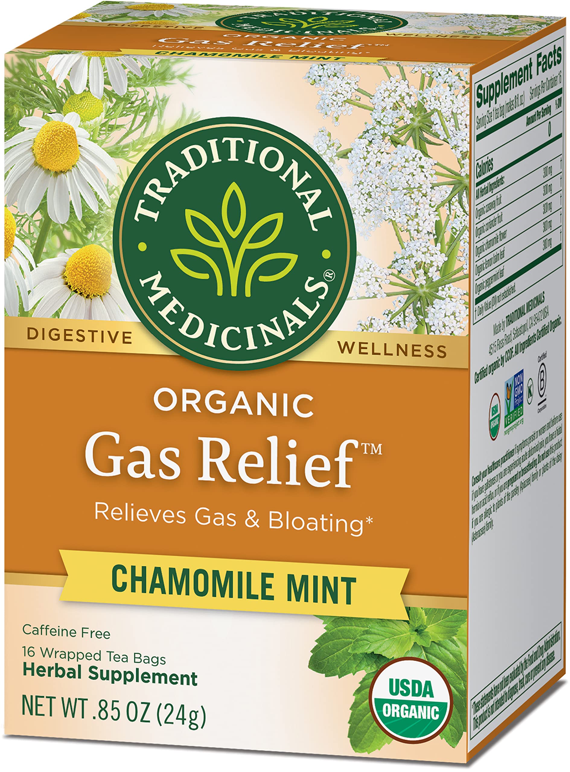 Traditional Medicinals back label showing organic certifications and ingredient information