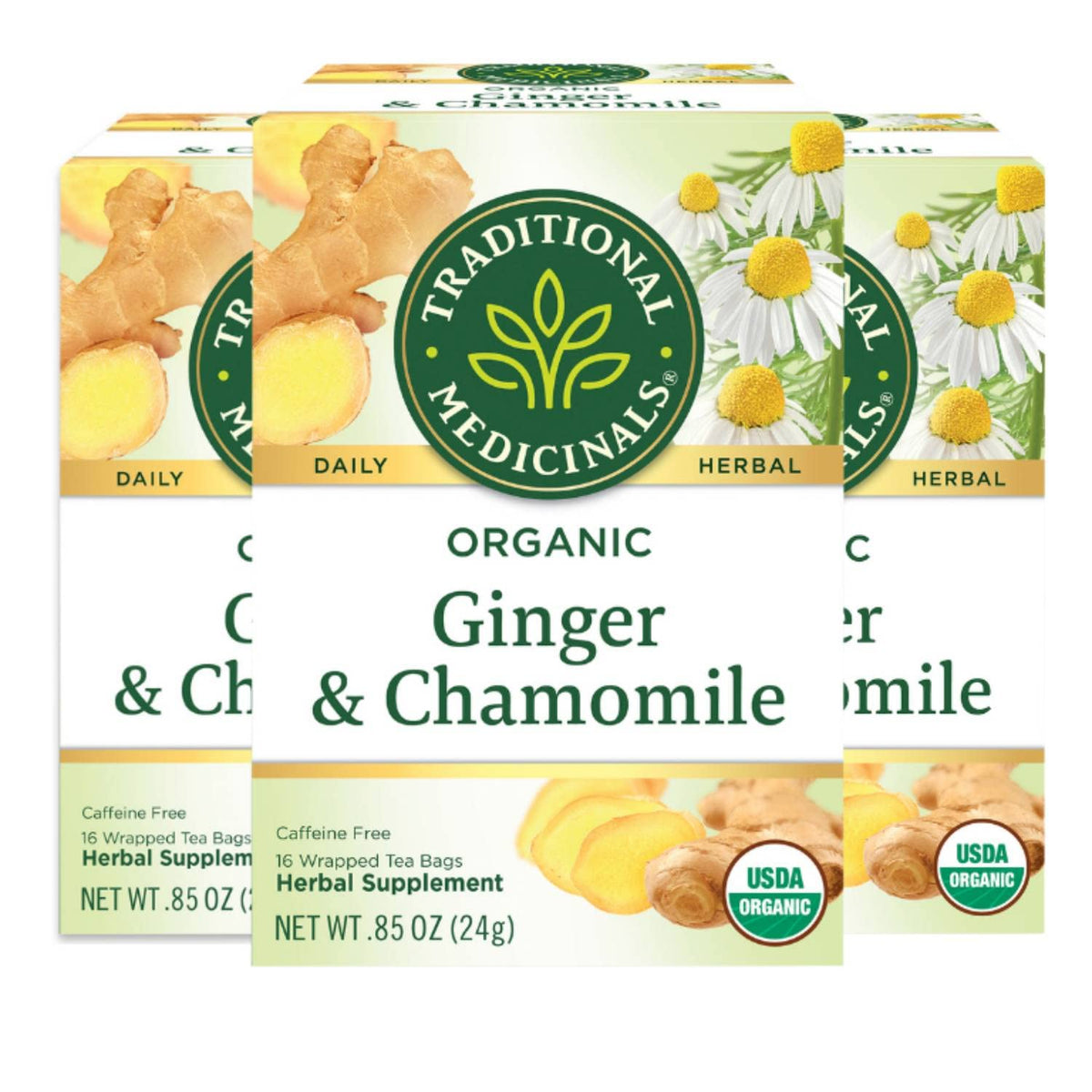 Traditional Medicinals pack front showing organic ginger and chamomile benefits