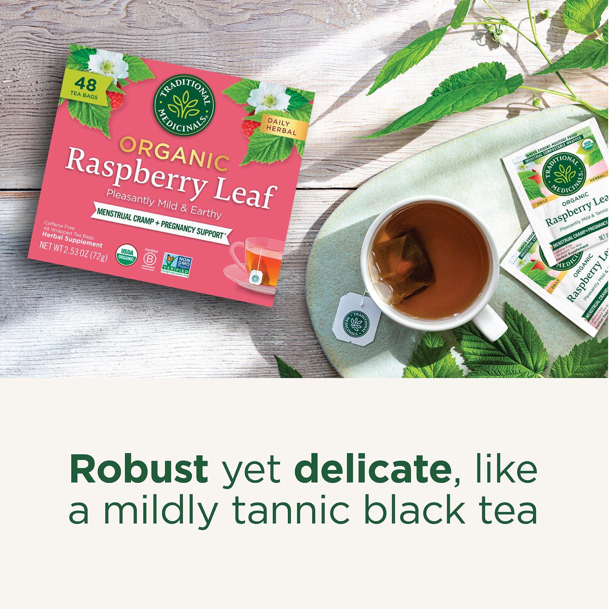 Traditional Medicinals tea bag label showing compostable and certification icons