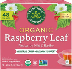 Traditional Medicinals front box showing organic raspberry leaf benefits