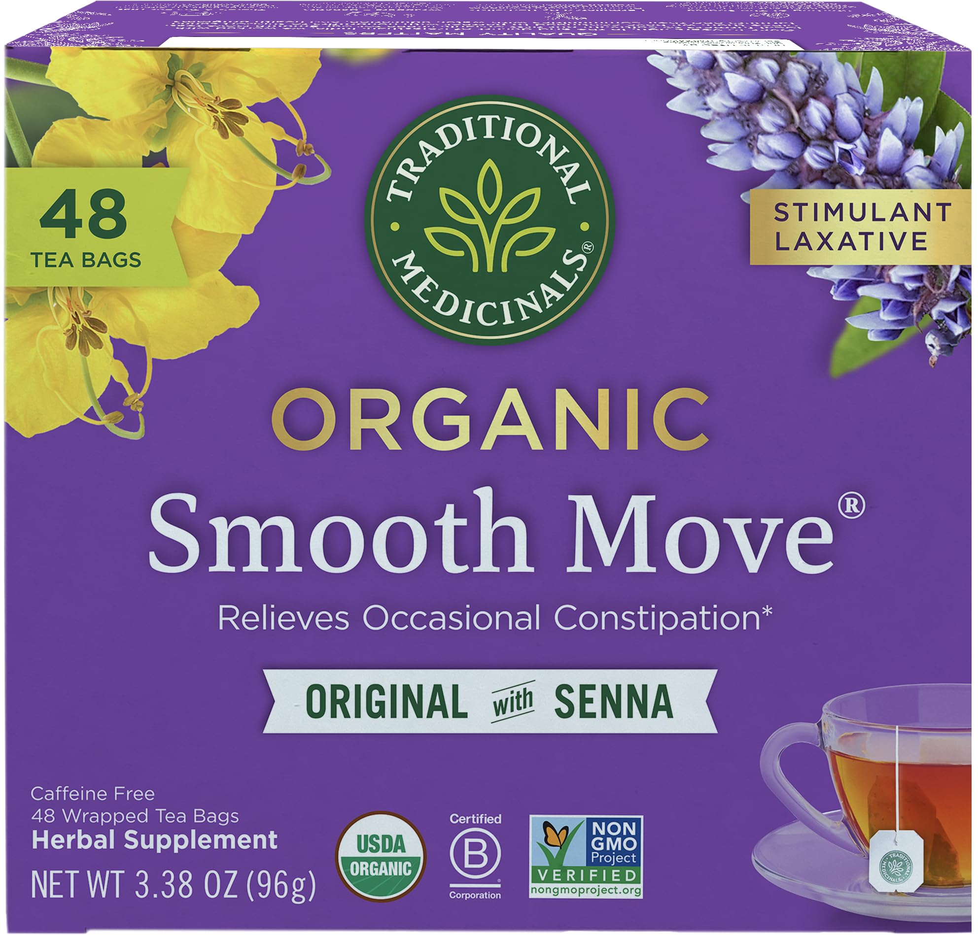 Traditional Medicinals Smooth Move front box showing organic senna benefits