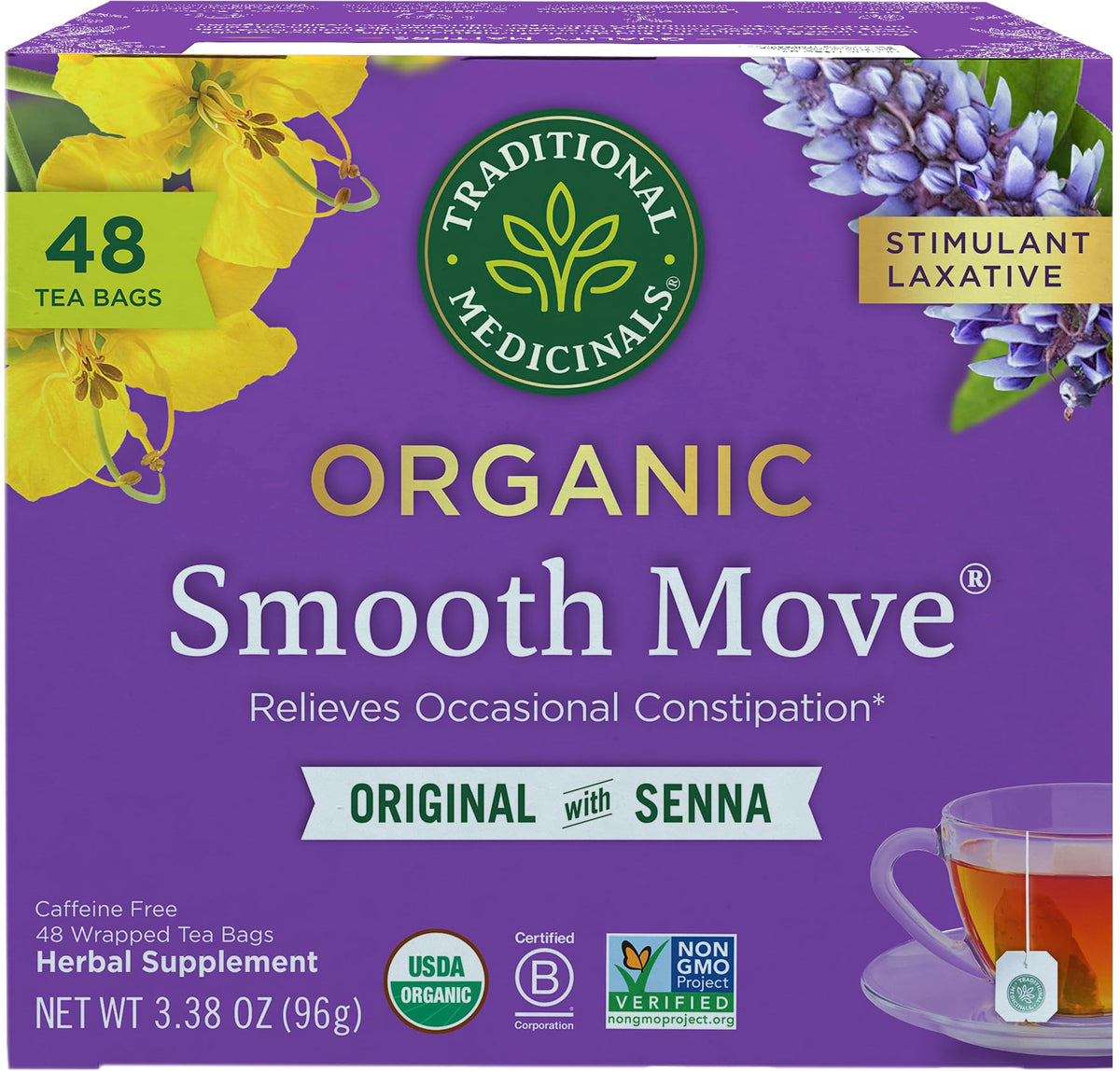 Traditional Medicinals Smooth Move front box showing organic senna benefits