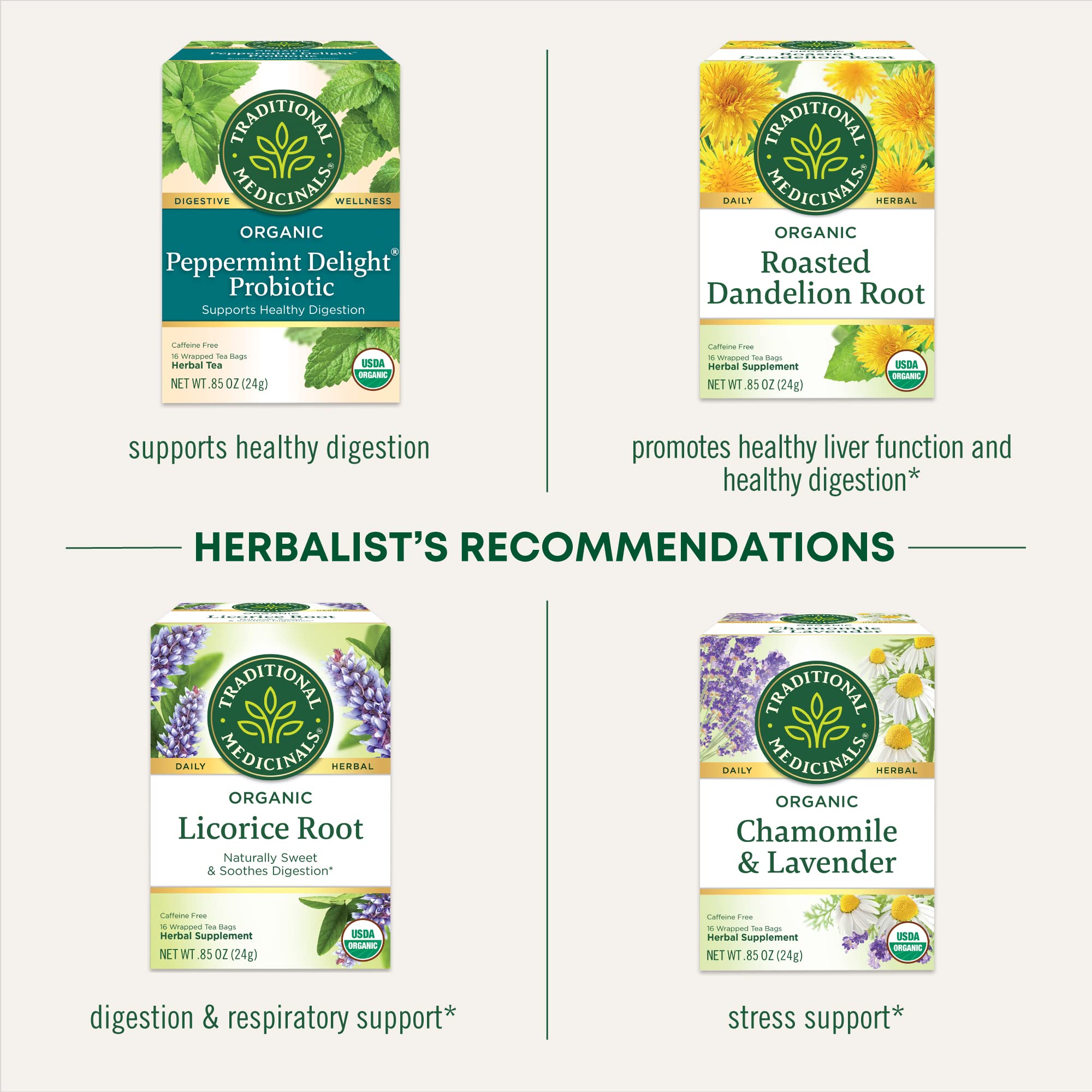 Traditional Medicinals compostable teabag packaging emphasizing eco-friendly materials