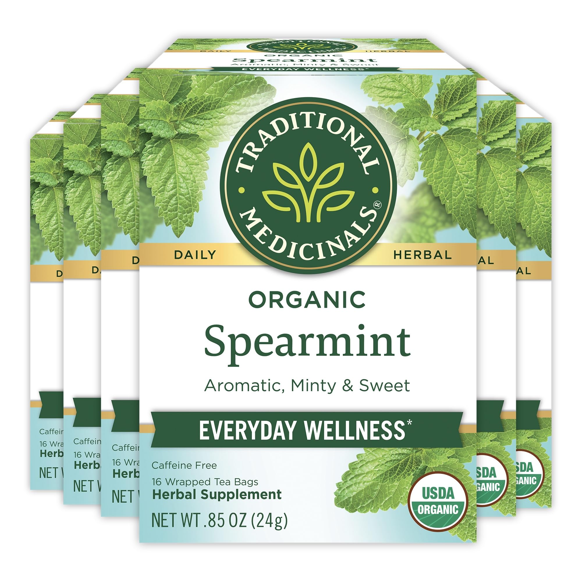 Traditional Medicinals front box of organic spearmint 96 tea bags showing brand and benefits