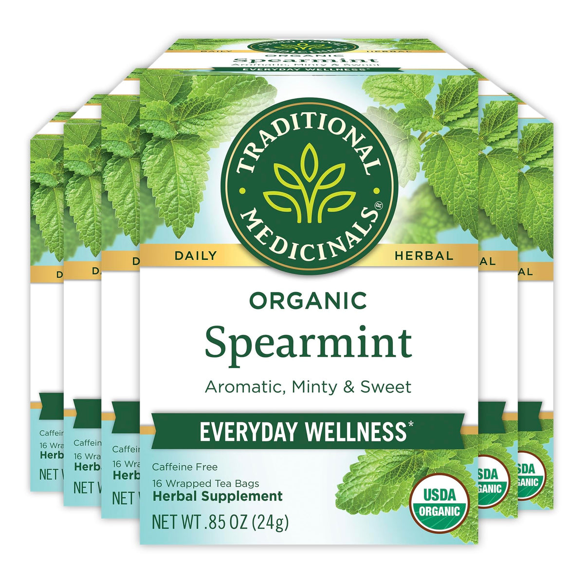 Traditional Medicinals front box of organic spearmint 96 tea bags showing brand and benefits