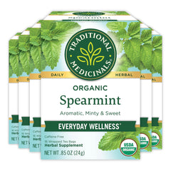 Traditional Medicinals front box of organic spearmint 96 tea bags showing brand and benefits