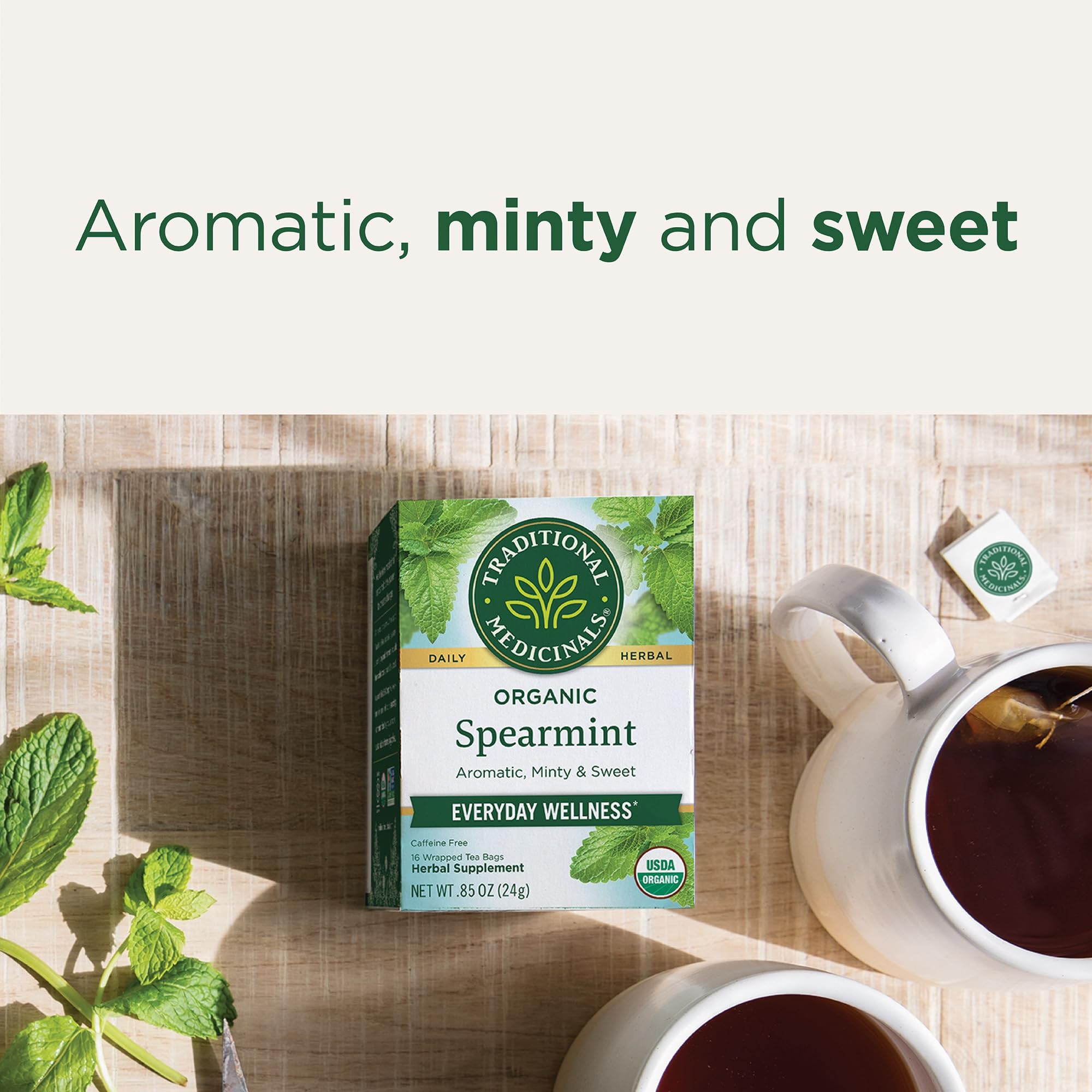 Detailed view of dried spearmint leaves used by Traditional Medicinals emphasizing natural quality