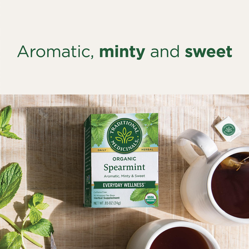 Detailed view of dried spearmint leaves used by Traditional Medicinals emphasizing natural quality