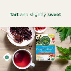 Traditional Medicinals steeped cup with rich color highlighting tart, pleasant flavor