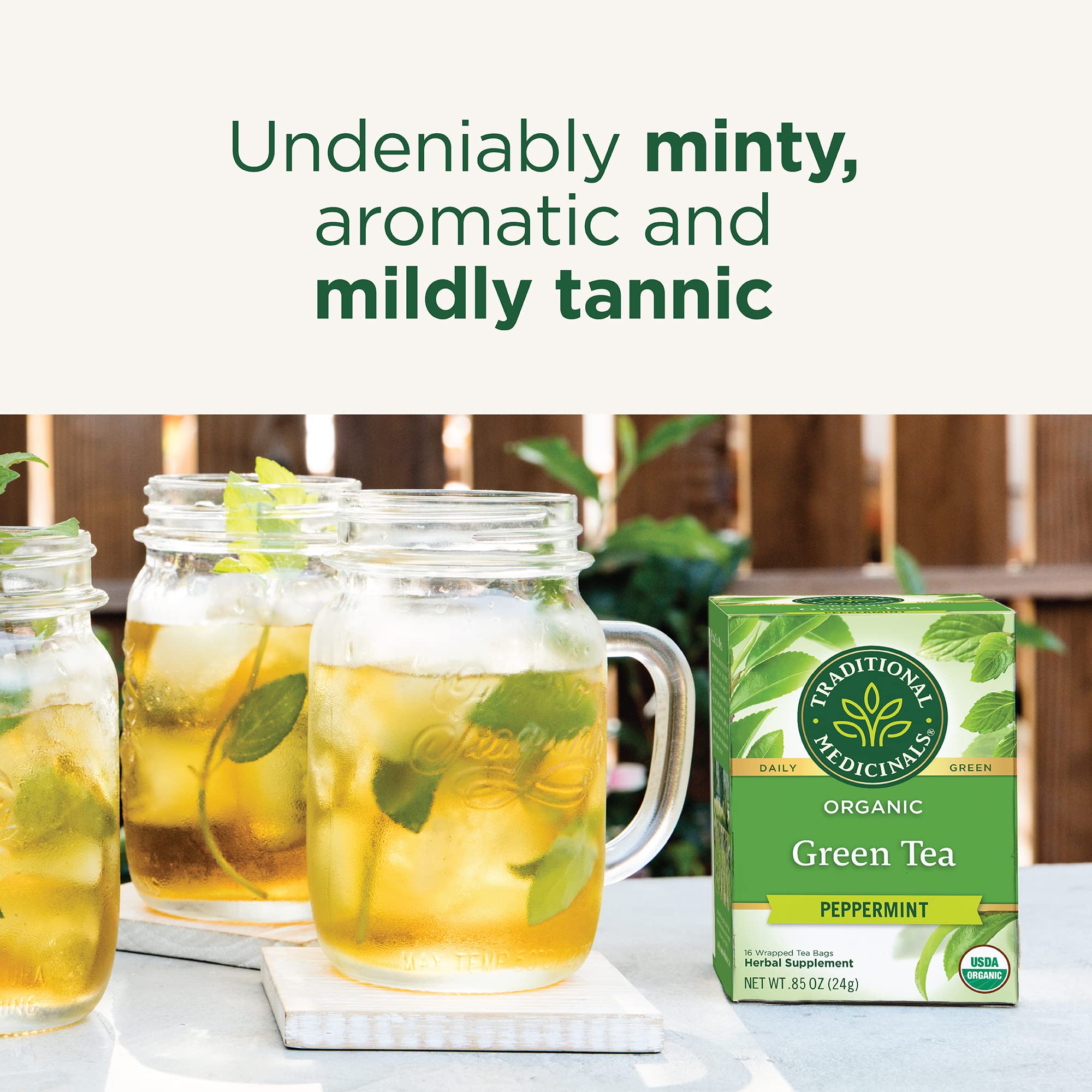 Traditional Medicinals steeping cup with steaming tea offering calming refreshment