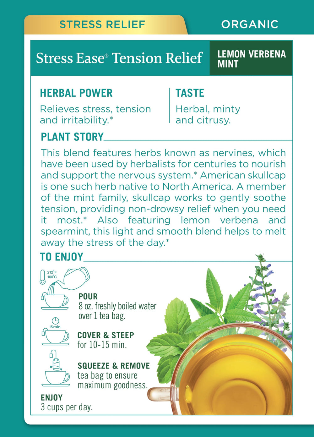 Traditional Medicinals Stress Ease cup in hand conveying tension relief and warmth