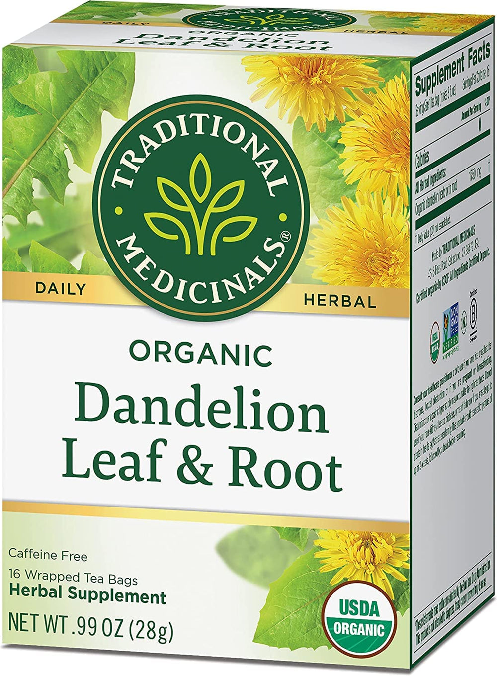 Traditional Medicinals tea bag close-up with tag, easy steeping and single-serve freshness