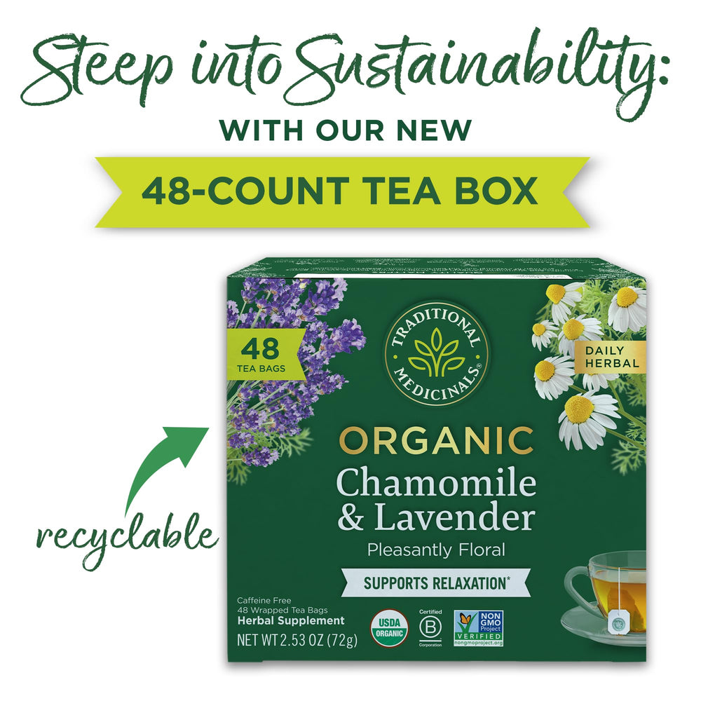 Traditional Medicinals tea bag close-up revealing compostable material and aroma