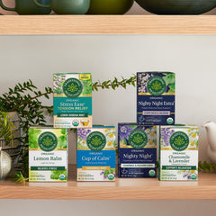 Traditional Medicinals spread of individual tea bags highlighting convenience and choice