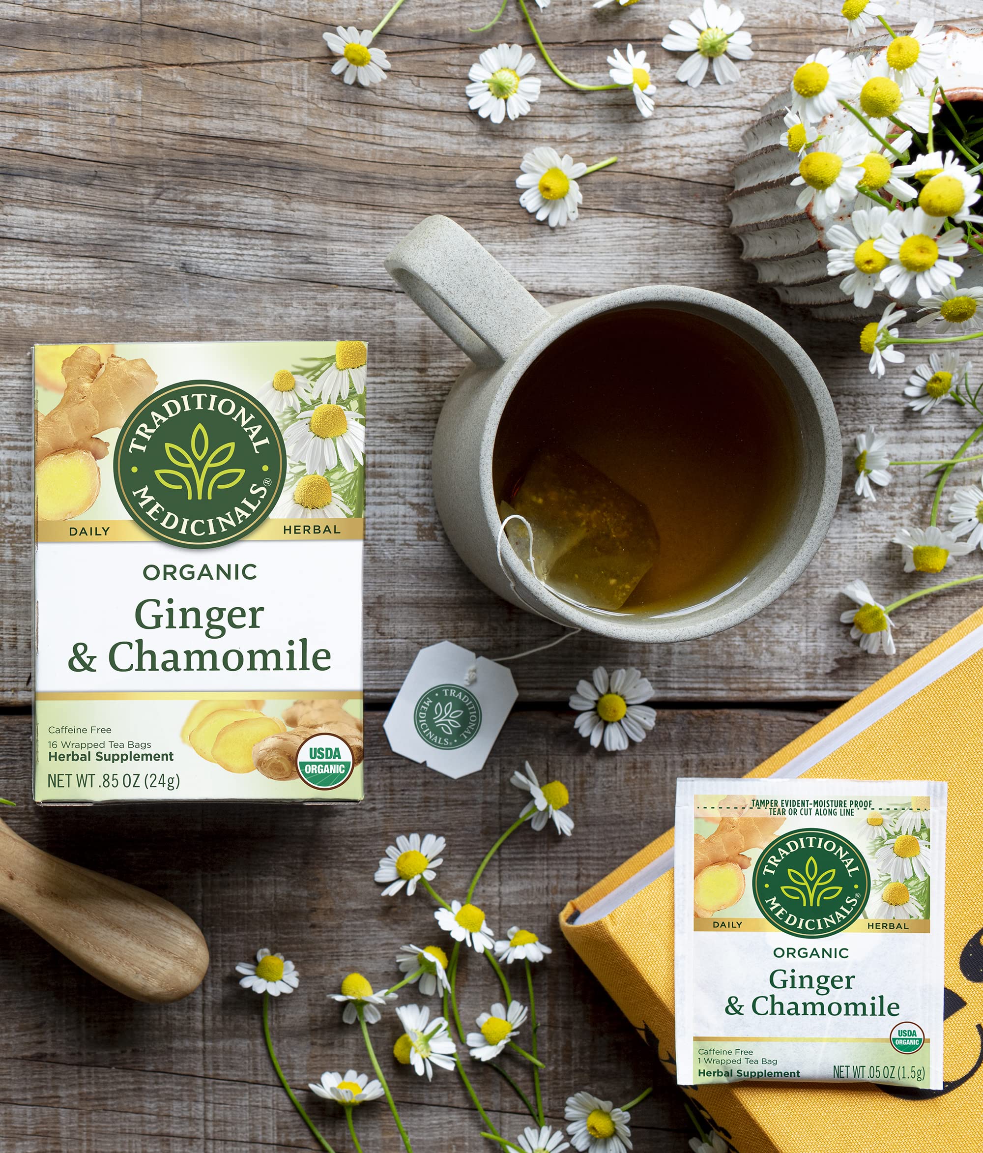 Traditional Medicinals ginger root texture close-up illustrating warming botanical quality