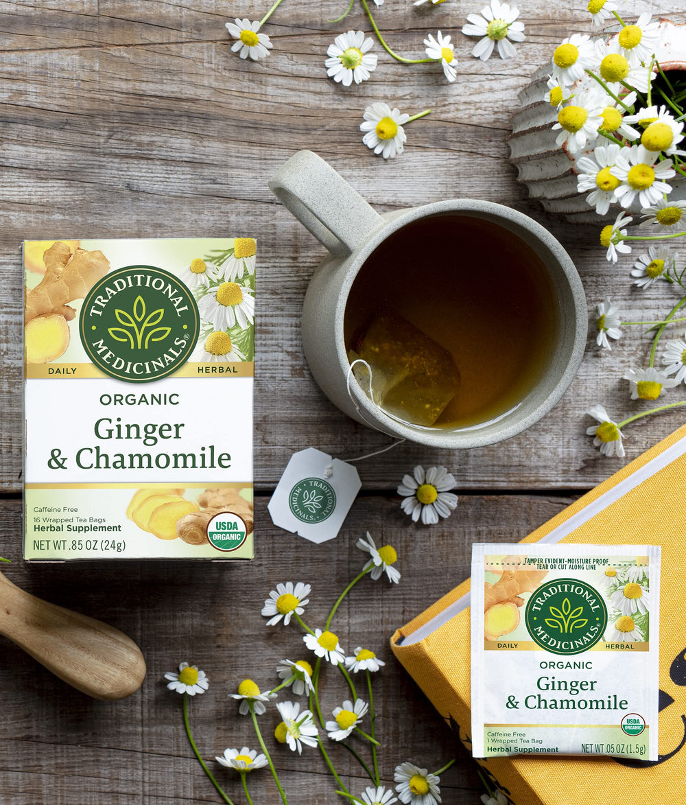 Traditional Medicinals ginger root texture close-up illustrating warming botanical quality