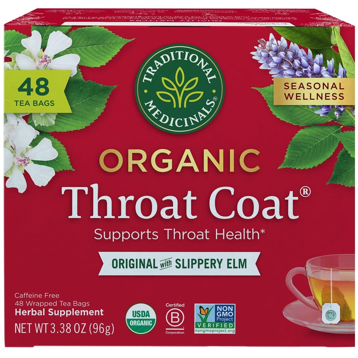 Traditional Medicinals front packaging showing organic throat coat benefits