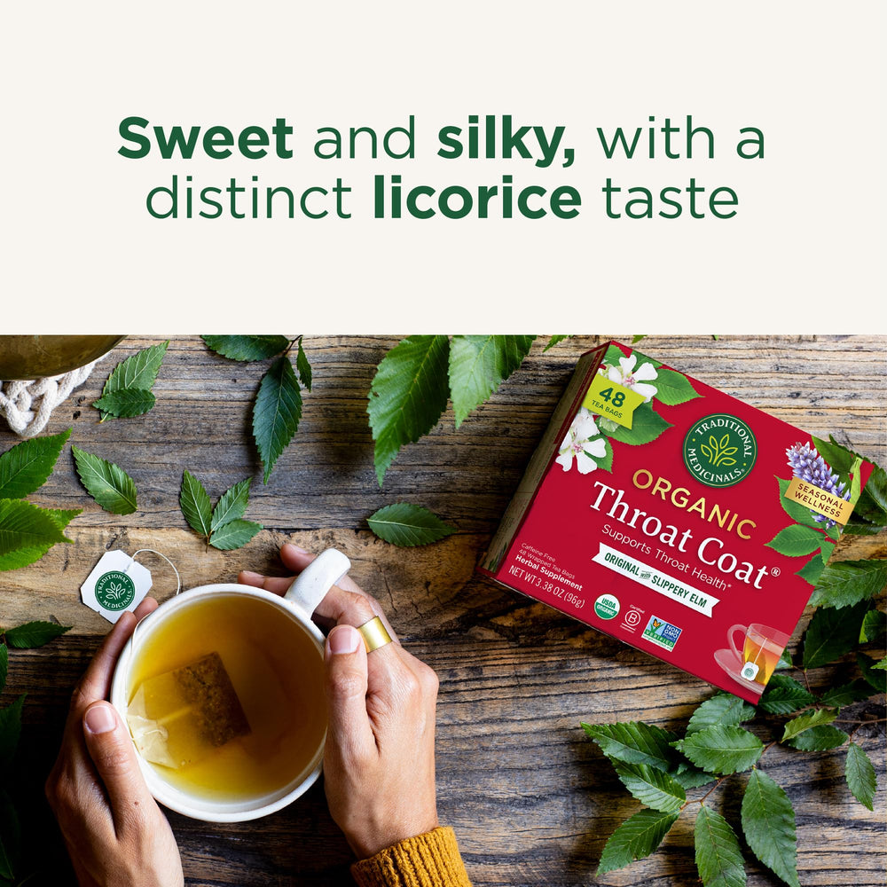 Traditional Medicinals tea bag label showing organic and kosher certifications