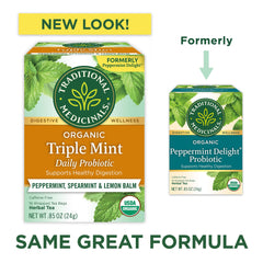 Traditional Medicinals brewed cup of triple mint tea demonstrating relaxing mint flavor benefit