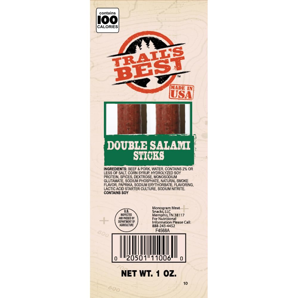 Trail's Best unwrapped beef stick texture close-up showing moist double salami flavor and bite satisfaction