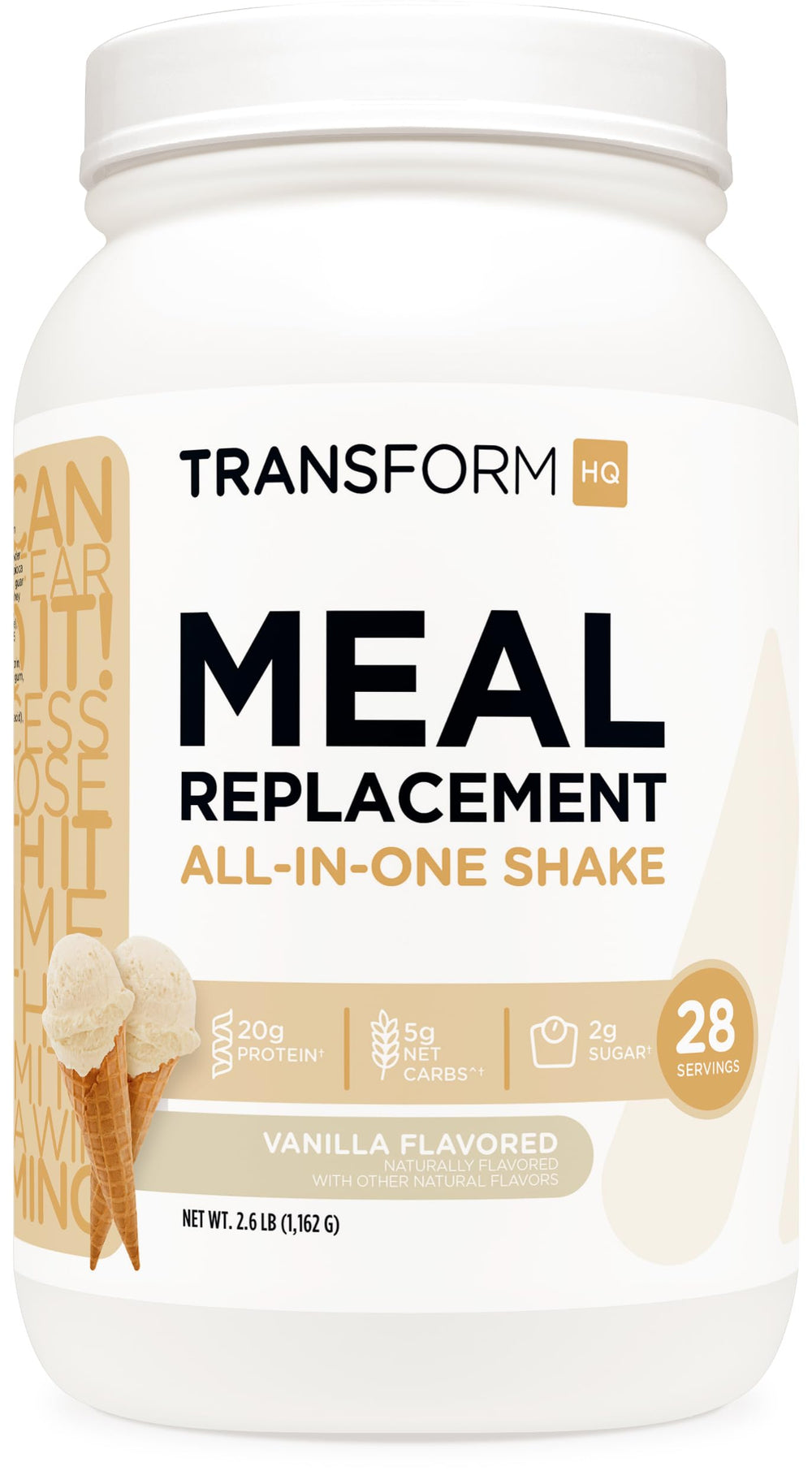 TransformHQ front packaging showing vanilla powder and benefits