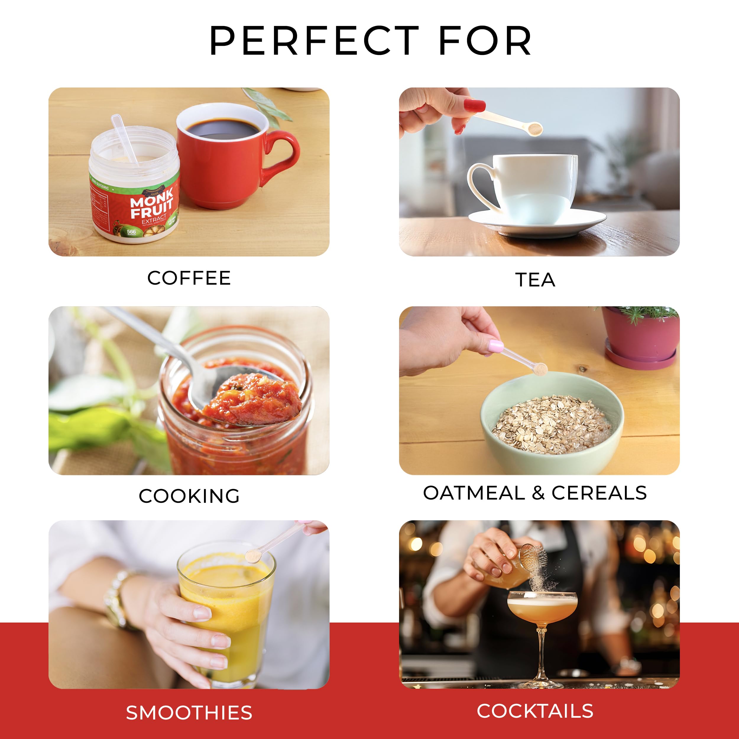 Transparency Foods monk fruit extract being stirred into coffee for calorie-free sweetness