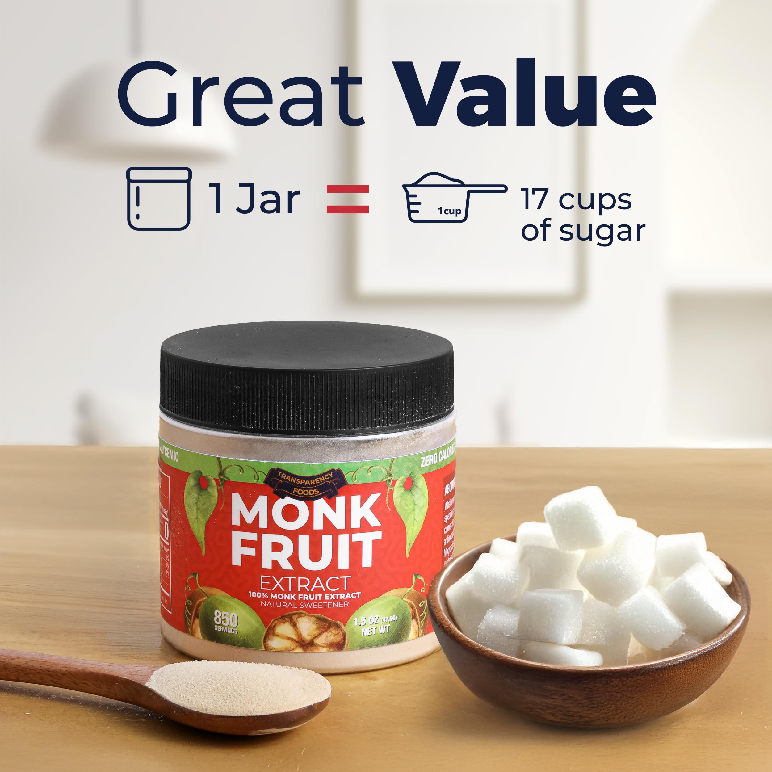 Transparency Foods serving size visual comparing mini scoop to a teaspoon for scale