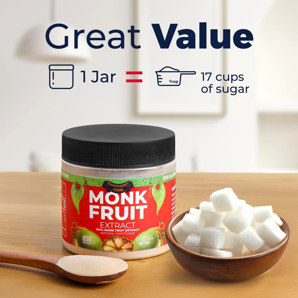Transparency Foods serving size visual comparing mini scoop to a teaspoon for scale