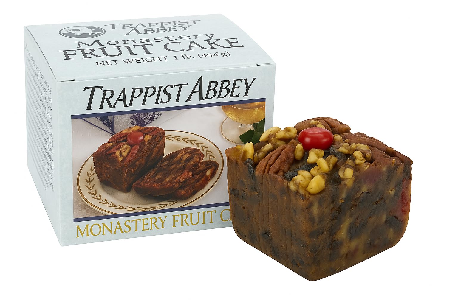 Trappist Abbey fruitcake front packaging showing artisanal loaf and brand benefit
