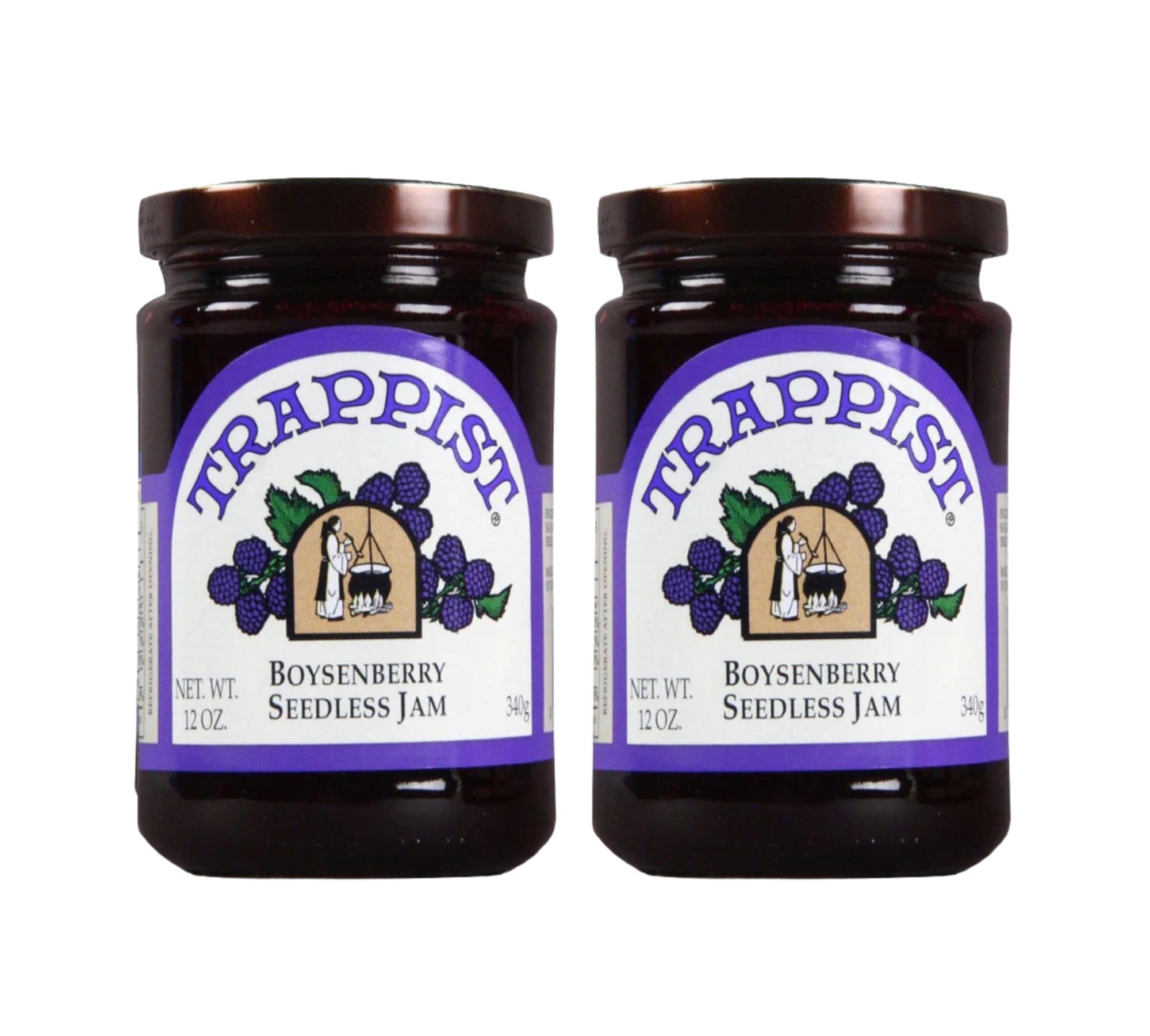 Trappist jar front showing rich boysenberry jam and appealing color
