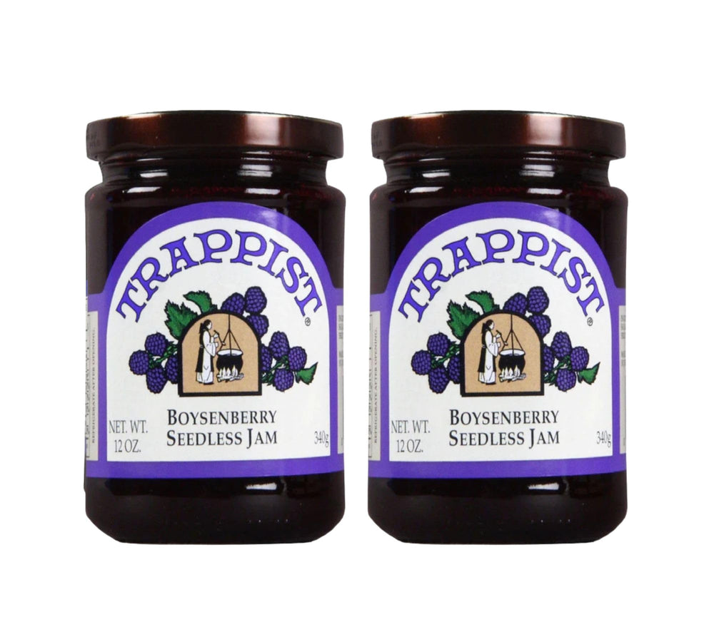 Trappist jar front showing rich boysenberry jam and appealing color