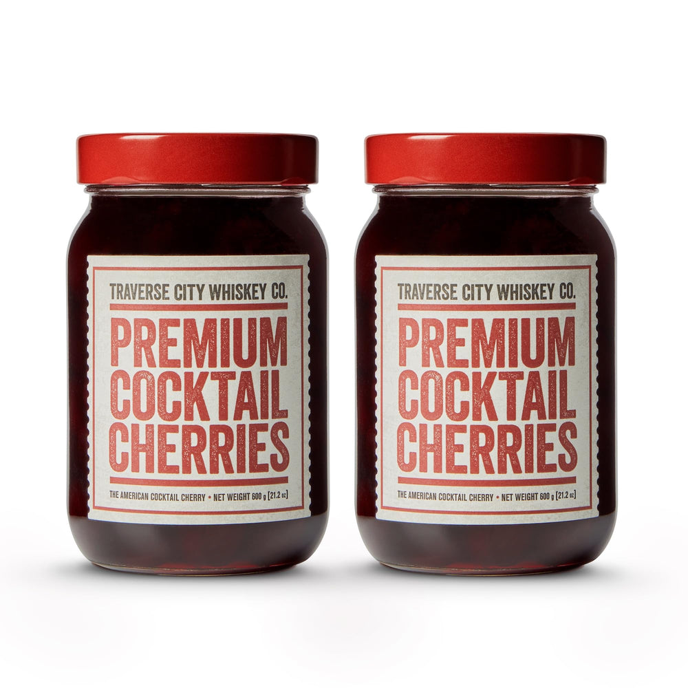 traverse city whiskey co. jar front packaging showing label and cherries, premium appeal