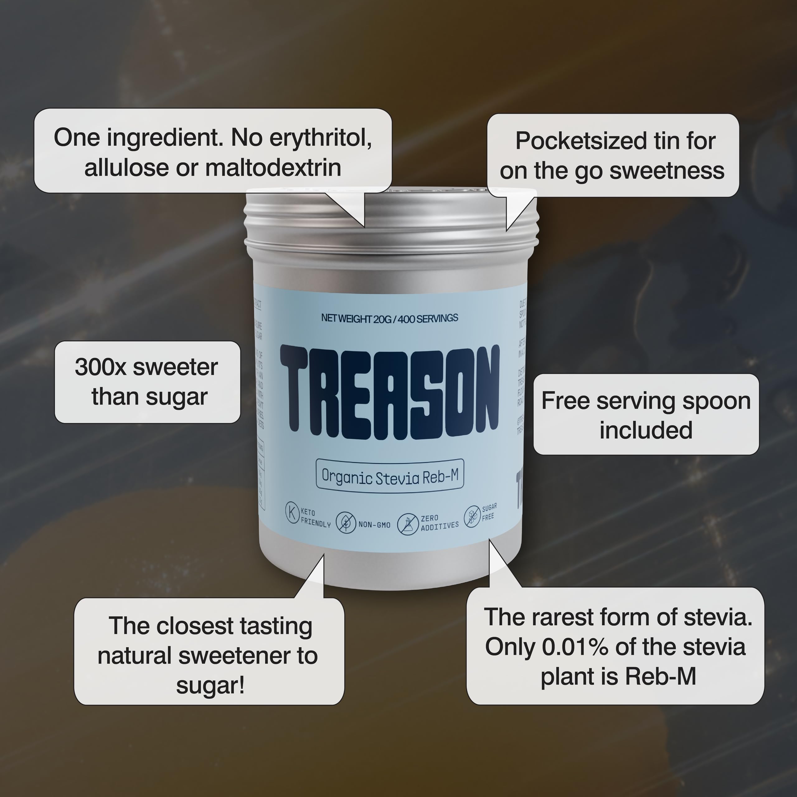 Treason powder close up texture showing fine Reb-M granules and purity