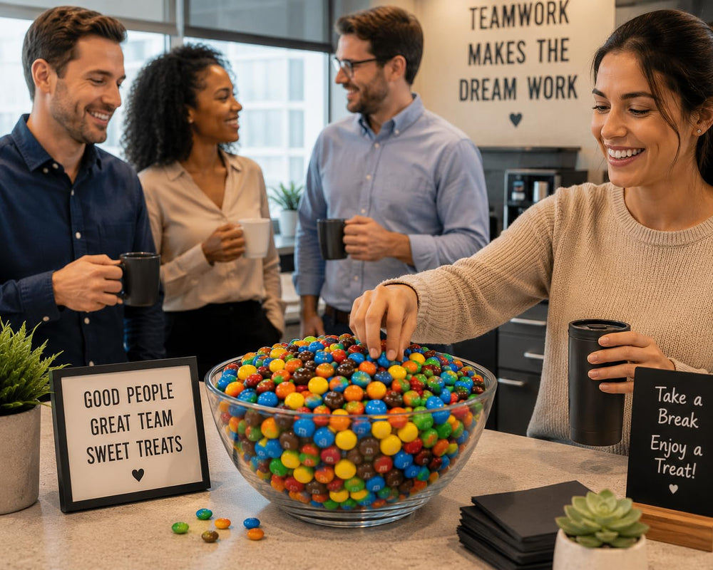 TREATBASKET M&M bowl in movie-night setting providing shareable snacks