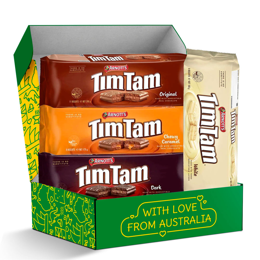Treats from Home front packaging of Tim Tam gift box shows four sealed retail packs