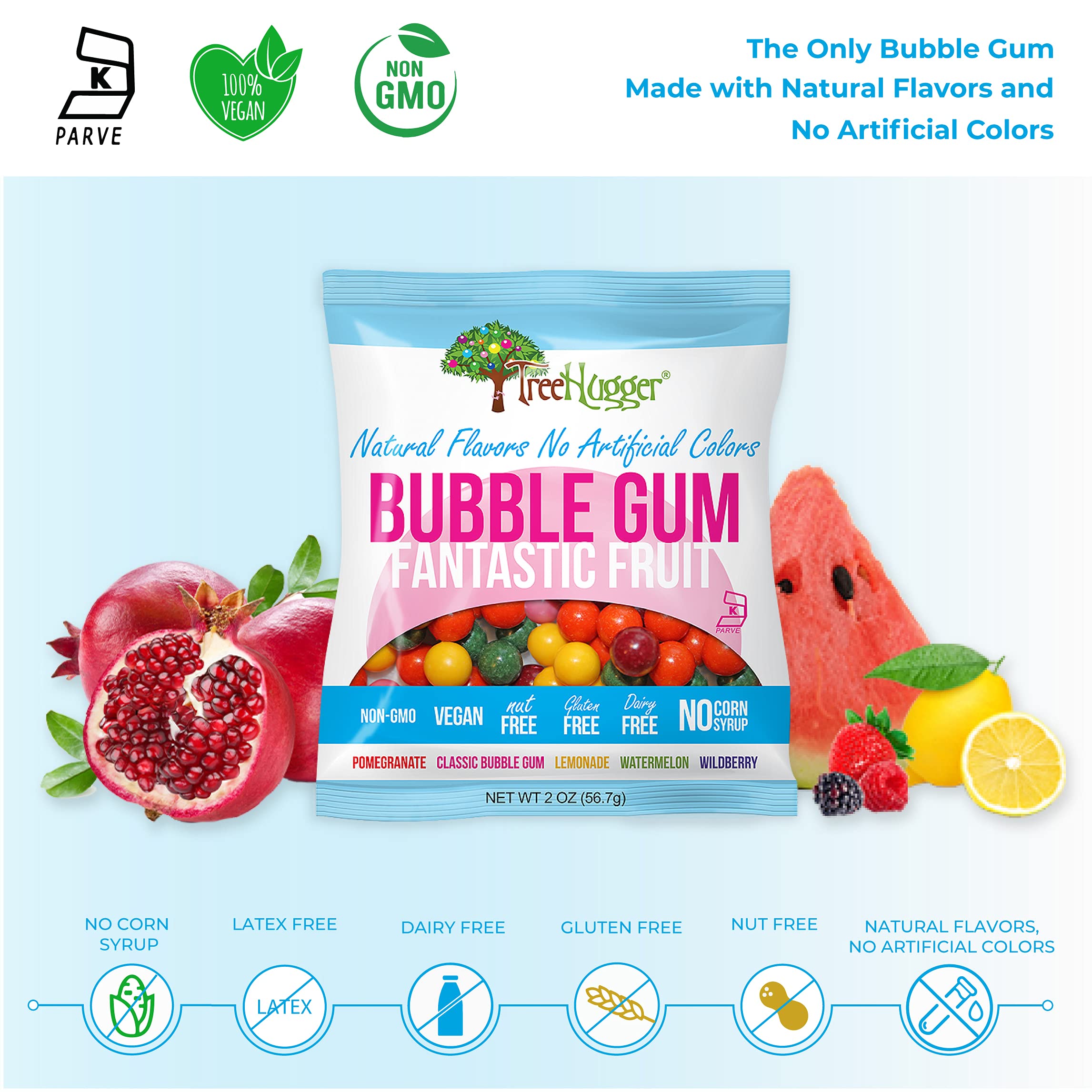 Tree Hugger open bag with gum spilling to show portion size and resealability benefit
