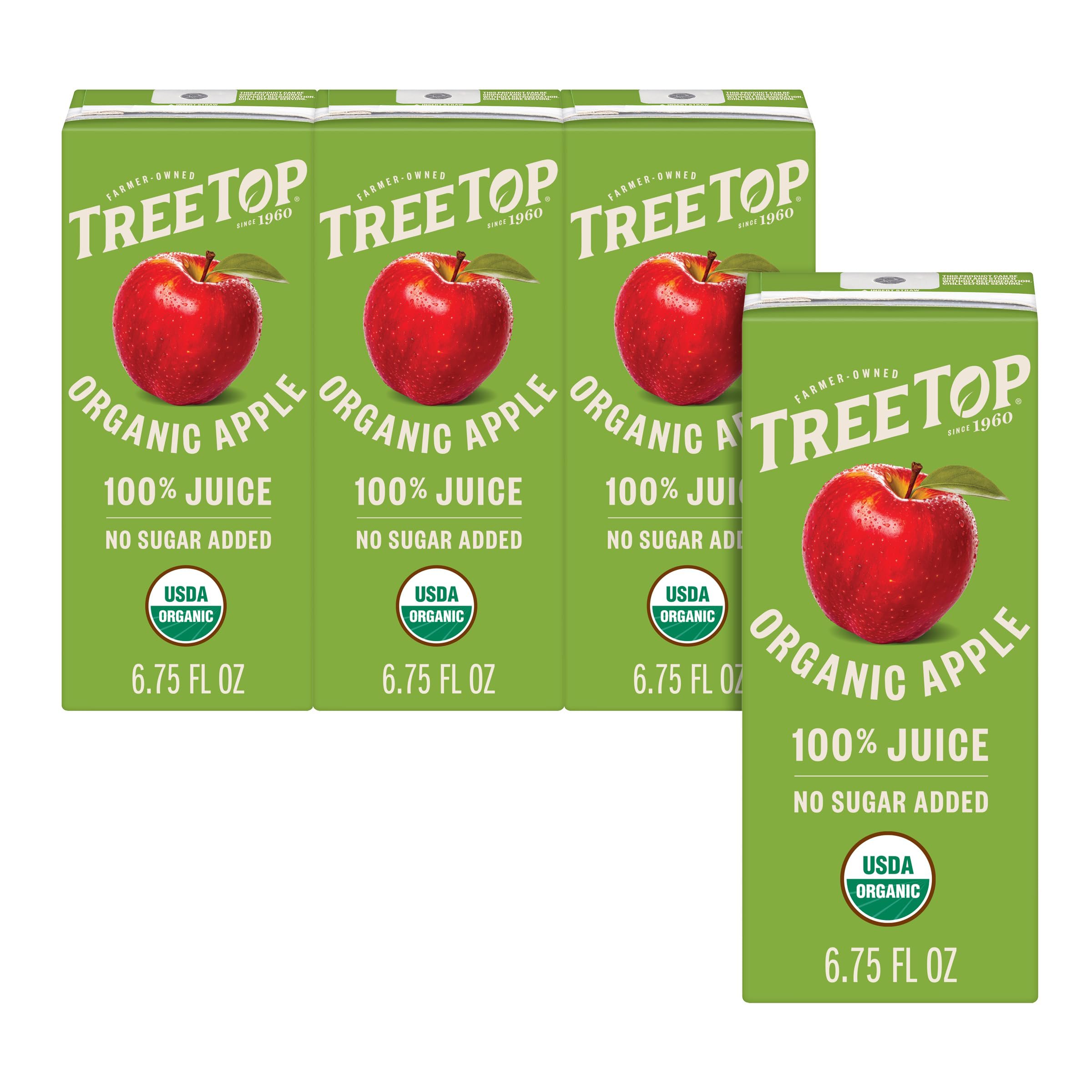 Tree Top front packaging showing three organic apple juice boxes and clear branding for quick grab