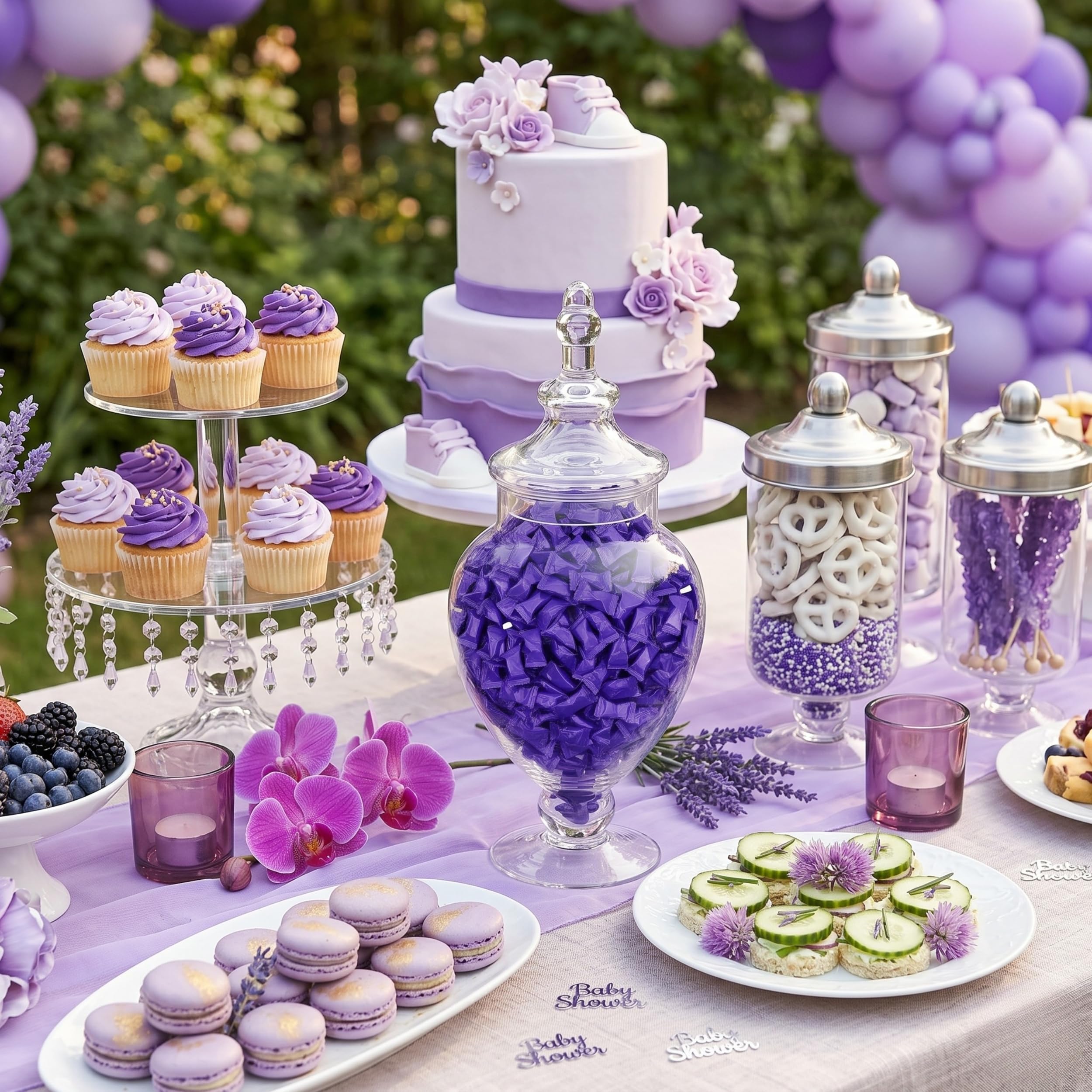 tree treasures purple buttermints in clear jar for candy buffet creating coordinated visual impact