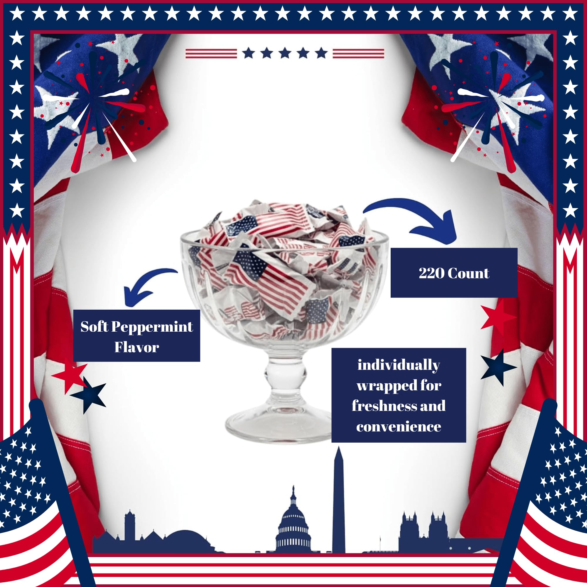 Tree Treasures close-up of flag wrapper design, clear patriotic presentation benefit