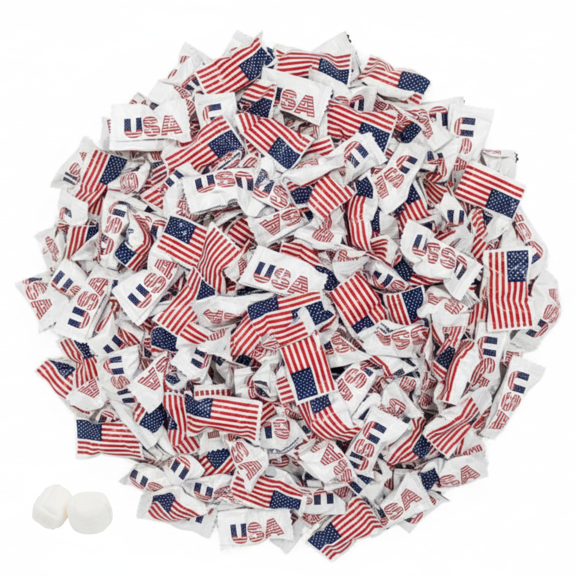 Tree Treasures front packaging showing 220 patriotic wrapped mints, convenient bulk supply