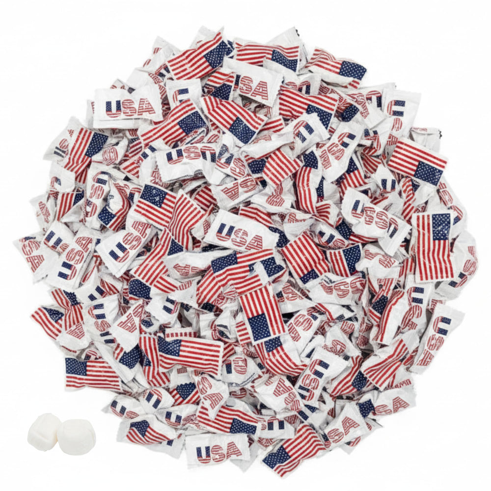 Tree Treasures front packaging showing 220 patriotic wrapped mints, convenient bulk supply