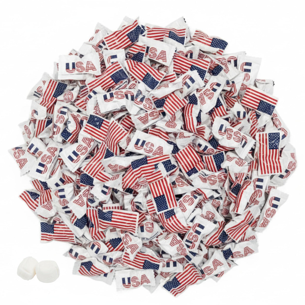 Tree Treasures front packaging showing 220 patriotic wrapped mints, convenient bulk supply