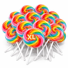 Tree Treasures front packaging showing 24 jumbo rainbow lollipops and colorful appeal
