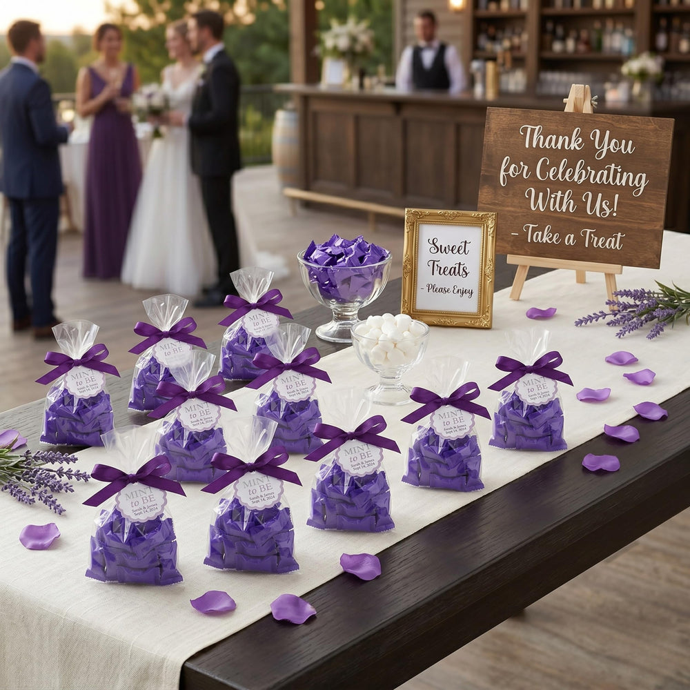 tree treasures purple mints scattered on table to enhance place setting and décor