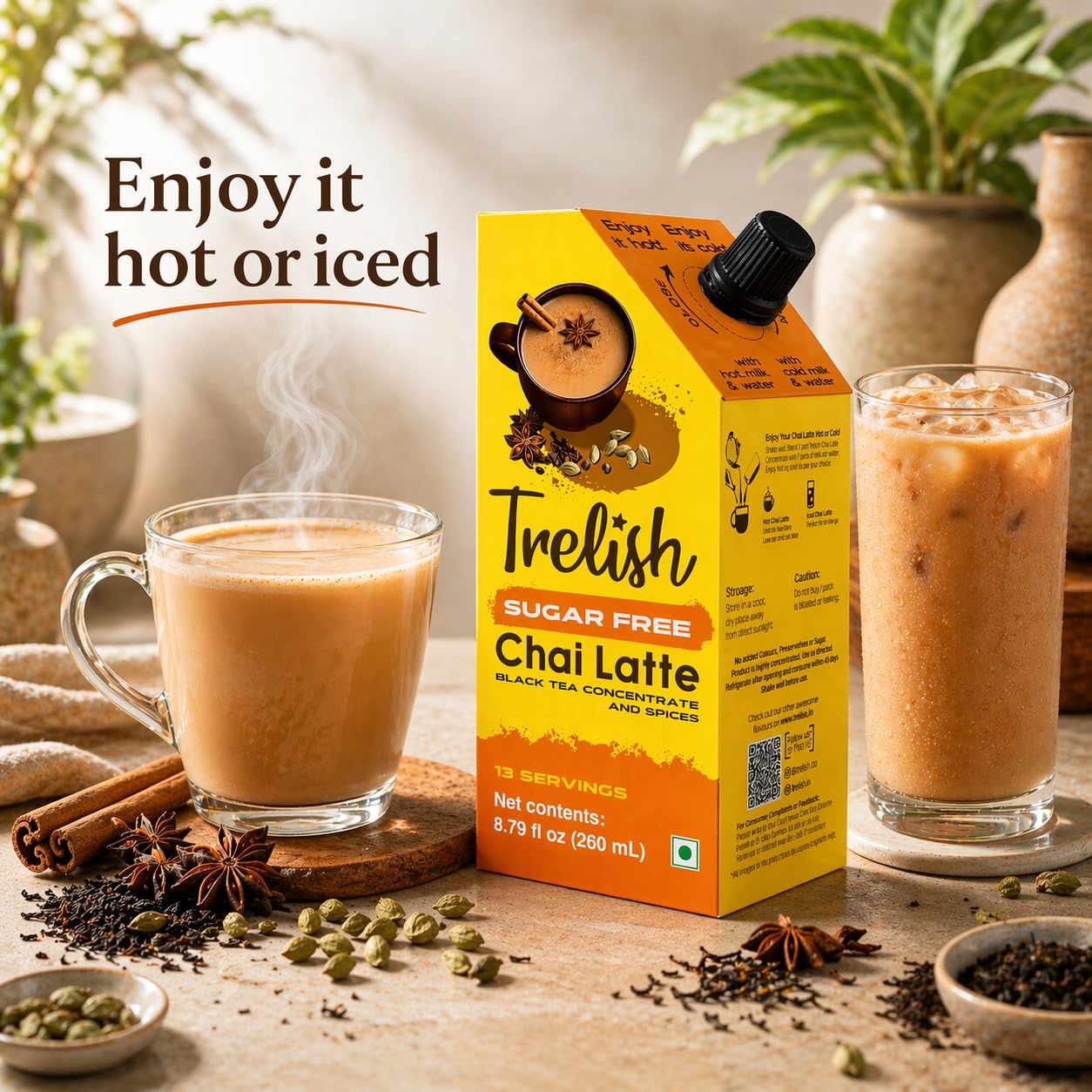 Trelish iced chai poured over ice for refreshing chilled drink