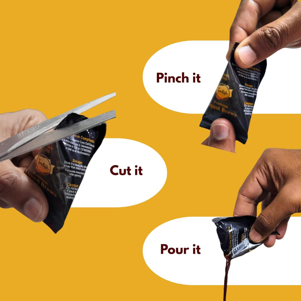 Trelish single-serve packet next to cup showing portion size and value