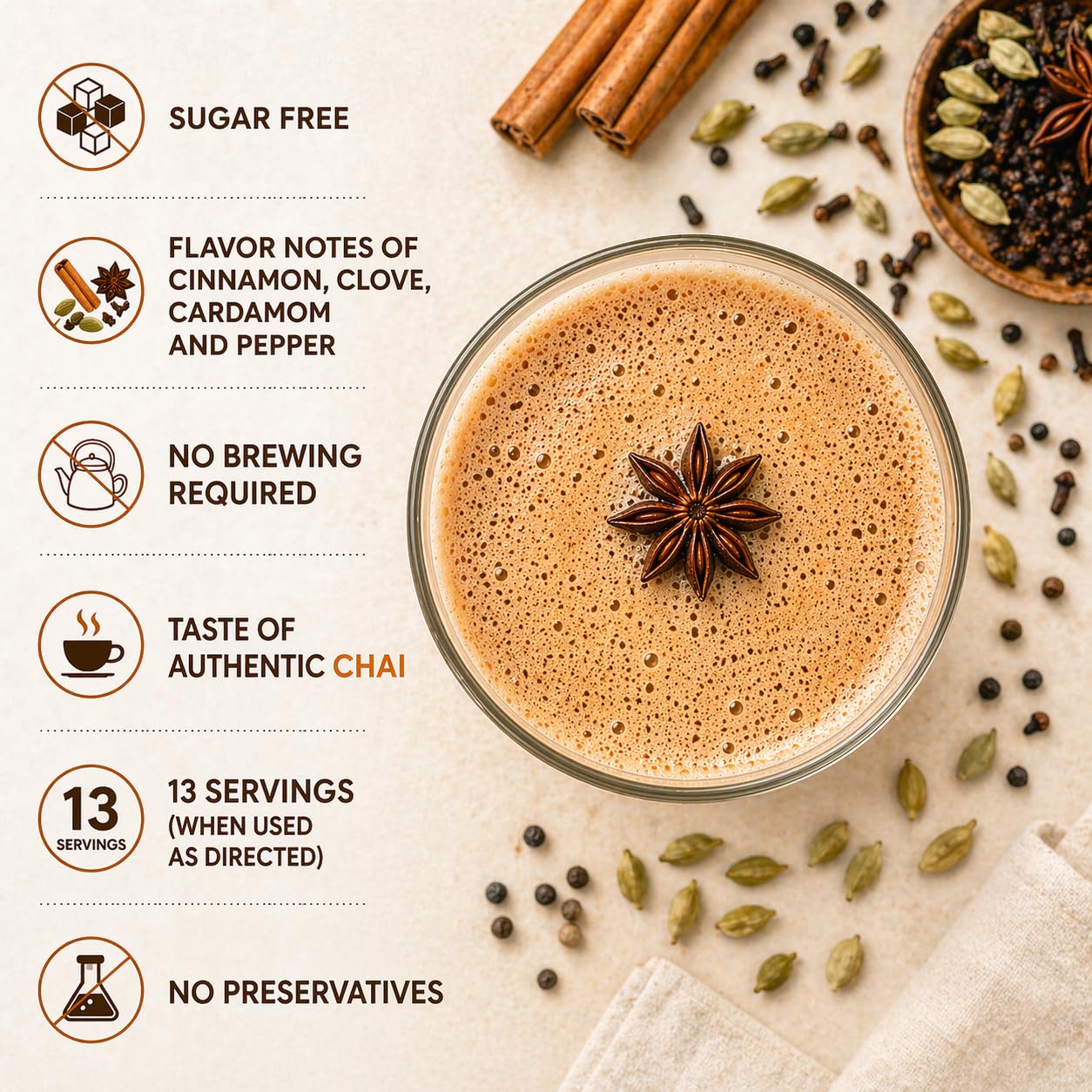 Trelish surrounding spices cinnamon and cardamom showing natural ingredients