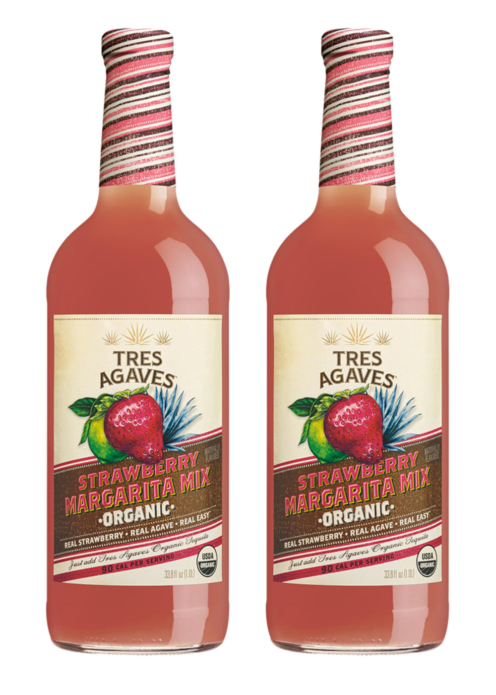 Tres Agaves front bottle showing organic strawberry label and ready-to-use benefit