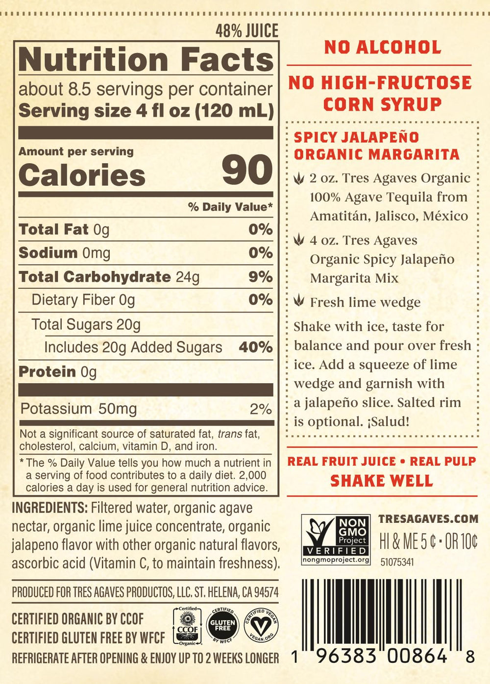 Tres Agaves label close-up highlighting ingredients and organic certification benefit