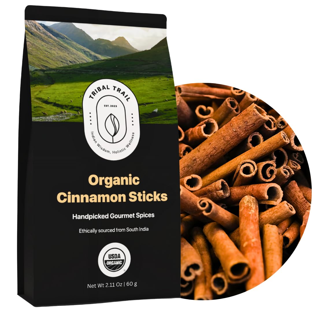 Tribal Trail front packaging showing organic cinnamon sticks and recyclable pouch benefit